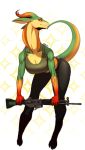  absurd_res breasts butt clothed clothing female green_skin gun hi_res holding_object holding_weapon horn looking_at_viewer pgm300 ranged_weapon red_skin reptile rifle scalie simple_background slit_pupils solo standing tan_skin weapon 