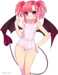  absurdres bandaid_hair_ornament bangs bat_wings covered_navel demon_girl demon_tail eyebrows_visible_through_hair flat_chest hair_ornament hand_on_hip heart heart-shaped_pupils highres looking_at_viewer marota mary_(marota) nail_polish one-piece_swimsuit original pointy_ears red_nails short_hair simple_background solo swimsuit symbol-shaped_pupils tail v white_background white_swimsuit wings x_hair_ornament 