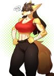  athletic bra breasts brown_eyes brown_hair canine chest_tuft clothing english_text female fluffy fluffy_tail fur hair hi_res inner_ear_fluff looking_at_viewer mammal navel pgm300 simple_background solo speech_bubble sports_bra tan_fur text tuft underwear white_fur wraps wrist_wraps 