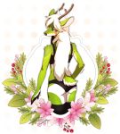  blue_eyes butt cervine clothed clothing female flower fur green_fur hair hi_res horn legwear looking_at_viewer looking_back mammal pgm300 plant standing thigh_highs underwear white_fur white_hair 
