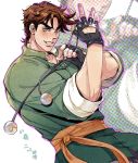  battle_tendency blue_eyes bola_(weapon) brown_hair catsizuru chest chinese_clothes fingerless_gloves freckles gloves jojo_no_kimyou_na_bouken joseph_joestar_(young) male_focus sash solo tangzhuang zoom_layer 