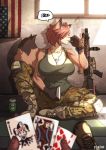  alcohol ambiguous_gender anthro beer beverage big_breasts breasts brown_fur camo canine card card_game cigarette dog_tags duo female fur gaming gun hair hi_res holding_object inside knee_pads looking_away mammal military pgm300 playing ranged_weapon red_hair rifle sitting smoking solo_focus speech_bubble united_states_of_america watch weapon white_fur 