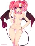  absurdres bandaid_hair_ornament bangs bat_wings bikini demon_girl earrings eyebrows_visible_through_hair flat_chest food_themed_hair_ornament hair_ornament hand_on_hip heart heart-shaped_pupils highres jewelry looking_at_viewer marota mary_(marota) micro_bikini nail_polish navel navel_piercing original piercing red_nails short_hair simple_background solo swimsuit symbol-shaped_pupils teeth twitter_username v white_background white_bikini wings x_hair_ornament 