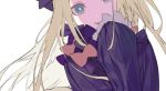  abigail_williams_(fate/grand_order) blonde_hair blue_eyes bow commentary_request covering_mouth dress fate/grand_order fate_(series) hand_over_own_mouth hand_up head_tilt long_hair looking_at_viewer orange_bow purple_bow purple_dress simple_background sleeves_past_fingers sleeves_past_wrists smile solo white_neckwear yamakawa 