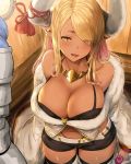  1girl and beautiful blonde_hair breasts cleavage horns large_breasts long_hair navel pointy_ears sexy tongue tongue_out very yellow_eyes 
