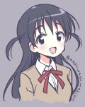  :d absurdres bangs black_eyes black_hair blush brown_sweater collared_shirt commentary_request eyebrows_visible_through_hair grey_background hair_between_eyes hair_tie head_tilt highres long_hair looking_at_viewer neck_ribbon neki_(wakiko) open_mouth red_ribbon ribbon school_rumble shirt simple_background sketch smile solo sweater tsukamoto_tenma twitter_username two_side_up upper_body very_long_hair white_shirt 