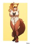  blonde_hair blue_eyes blush brown_fur canine chest_tuft clothed clothing female fluffy fluffy_tail fur hair hi_res inner_ear_fluff looking_at_viewer mammal open_mouth pgm300 ponytail shirt solo standing t-shirt tuft two_tone_background white_fur 