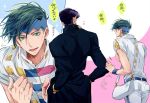  bag gakuran green_eyes green_hair handbag headband higashikata_jousuke jojo_no_kimyou_na_bouken kishibe_rohan male_focus multiple_boys pompadour purple_hair school_uniform senbiki_(nonono69) sleeve_tug sparkle translation_request 