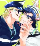  battle_tendency black_hair blonde_hair blue_eyes caesar_anthonio_zeppeli cigarette cosplay dixie_cup_hat facial_mark fingerless_gloves gloves green_eyes hat heart higashikata_jousuke_(jojolion) higashikata_jousuke_(jojolion)_(cosplay) jojo_no_kimyou_na_bouken jojolion joseph_joestar_(young) male_focus military_hat multiple_boys police police_hat police_uniform s_gentian smoking sunglasses uniform white_gloves 