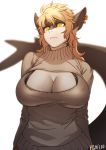  anthro black_skin blonde_hair breasts clothed clothing fish hair looking_at_viewer marine pgm300 piercing shark simple_background solo white_skin window_sweater yellow_eyes 