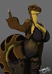  2018 absurd_res anaconda anthro big_breasts bra breasts cleavage clothed clothing eyelashes female garter_straps grey_background hand_on_thigh hi_res legs_together legwear lingerie looking_at_viewer mature_female middle_finger non-mammal_breasts portrait reptile samantha_miaboa scalie simple_background smile snake solo standing thigh_highs three-quarter_portrait underwear wagman 