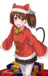  1girl :d alternate_costume animal_ears animal_hat black_skirt blush box brown_eyes brown_hair cat_ears cat_hat cat_tail christmas cursive eyebrows_visible_through_hair fake_tail gift gift_box gloves hair_between_eyes hat highres kantai_collection kohakope long_hair looking_at_viewer merry_christmas open_mouth pantyhose pleated_skirt ryuujou_(kantai_collection) santa_costume santa_hat simple_background skirt smile tail twintails white_background white_gloves white_legwear 