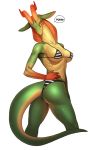  bikini breasts butt clothed clothing female green_skin horn looking_at_viewer looking_back pgm300 reptile scalie simple_background slit_pupils solo standing striped_bikini swimsuit tan_skin white_background 