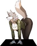  anthro bent_over black_nose breasts butt canine clothed clothing female flag fluffy fluffy_tail fully_clothed fur grey_fur hi_res jacket looking_at_viewer mammal pgm300 raised_tail simple_background solo united_states_of_america white_background white_fur wolf yellow_eyes 