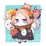  :&lt; abigail_williams_(fate/grand_order) bangs black_bow black_jacket blonde_hair blue_eyes blush bow chibi commentary_request crossed_bandaids fate/grand_order fate_(series) fou_(fate/grand_order) full_body gasuto_(kamikami) hair_bow hair_bun heroic_spirit_traveling_outfit jacket lavinia_whateley_(fate/grand_order) long_hair long_sleeves looking_at_viewer medjed object_hug orange_bow parted_bangs parted_lips polka_dot polka_dot_bow queen_of_sheba_(fate/grand_order) red_bow red_footwear shoes sleeves_past_fingers sleeves_past_wrists solo stuffed_animal stuffed_toy teddy_bear triangle_mouth 