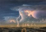  building city city_lights cityscape cloud cloudy_sky commentary_request highway lightning night night_sky no_humans original outdoors power_lines scenery sky skyline star_(sky) starry_sky storm super_cell 
