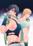  battle_tendency black_hair blonde_hair caesar_anthonio_zeppeli facial_mark fingerless_gloves gloves green_eyes headwear_removed holding holding_ribbon jojo_no_kimyou_na_bouken joseph_joestar_(young) male_focus midriff multiple_boys ribbon s_gentian 