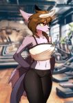  athletic bra breasts brown_hair clothed clothing female fur hair hands_behind_back hi_res horn inside navel pgm300 purple_fur slit_pupils solo sports_bra standing underwear unknown_species yellow_eyes 