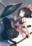  :o bare_shoulders black_dress black_footwear black_hair black_legwear blush bow breasts dress flower frills grey_eyes hair_flower hair_ornament hat hat_removed headwear_removed highres holding holding_sword holding_weapon kikkaiki looking_at_viewer pink_bow princess_principal shadow sheath shoes short_hair small_breasts solo spyglass sword thick_eyebrows toudou_chise weapon white_background 