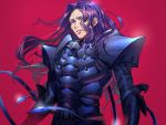  armor bangs breastplate eyebrows_visible_through_hair eyes_visible_through_hair fate/zero fate_(series) floating_hair highres lancelot_(fate/zero) long_hair male_focus parted_bangs parted_lips pauldrons purple_hair red_background simple_background solo tenobe upper_body 