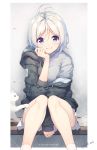  antenna_hair between_legs blue_eyes cat chin_rest commentary_request dennou_shoujo_youtuber_shiro english eyebrows_visible_through_hair feet_out_of_frame grey_background grey_sweater hand_between_legs highres hood hood_down hoodie knees_together_feet_apart looking_at_viewer nijihashi_sora off_shoulder shiro_(dennou_shoujo_youtuber_shiro) signature silver_hair sitting smile socks solo sweater virtual_youtuber white_cat white_legwear 