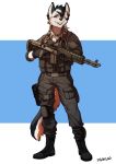  anthro blue_eyes blue_fur boots brown_fur canine clothed clothing fluffy footwear fully_clothed fur gloves gun handgun hi_res holding_object holding_weapon inner_ear_fluff knee_pads looking_at_viewer male mammal multicolored_tail pgm300 ranged_weapon rifle smile solo standing two_tone_background weapon white_fur 