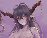  antenna_hair black_hair breasts danua draph earrings eyebrows_visible_through_hair granblue_fantasy highres horns jewelry large_breasts long_hair looking_at_viewer myless pale_skin pointy_ears red_eyes solo upper_body 