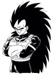 alternate_costume armor black_eyes black_hair crossed_arms dragon_ball dragon_ball_z frown gloves greyscale highres lee_(dragon_garou) long_hair looking_at_viewer male_focus monochrome raditz simple_background smile spiked_hair standing upper_body very_long_hair white_background 