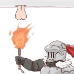  armor batta_(ijigen_debris) burning commentary fire from_below gauntlets glory_hole goblin_slayer goblin_slayer! helmet hidden_face highres holding large_testicles male_focus multiple_boys out_of_frame plume simple_background solo_focus testicles torch white_background 