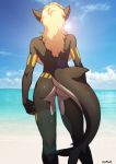  anthro beach black_skin blonde_hair breasts butt female fish hair hi_res lens_flare marine nude outside pgm300 piercing pussy rear_view sand seaside shark solo sunny yellow_skin 