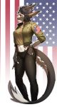  absurd_res black_hair breasts chabett clothed clothing dragon female fur grey_fur hair hand_on_hip hand_on_thigh hi_res horn jacket navel pgm300 red_eyes scalie solo standing united_states_of_america watch white_fur 