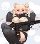  blonde_hair breasts commentary_request facing_viewer flustered ganesagi girls_frontline gun hair_bun highres hk23_(girls_frontline) jacket large_breasts long_hair machine_gun miniskirt side_bun skirt thighhighs weapon white_background 