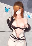  1girl against_wall areolae black_bra blue_eyes blush bra bra_pull breasts brown_hair bug butterfly collarbone commentary_request eyepatch fate/grand_order fate_(series) flugel_(kaleido_scope-710) hair_over_one_eye highres insect light_frown long_hair looking_at_viewer medium_breasts navel nipples open_clothes open_shirt ophelia_phamrsolone solo underwear undressing 