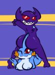  1-upclock anthro big_breasts big_butt breasts butt duo feet female group hot_dogging huge_butt humanoid looking_at_viewer looking_back mammal mudkip nintendo nipples nude pok&eacute;mon pok&eacute;mon_(species) pose sableye sharp_teeth simple_background smile standing teeth video_games 