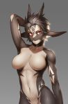  anthro black_hair breasts chabett collar dragon female grey_background grey_skin hair hand_behind_head hi_res horn long_ears navel nude pgm300 red_eyes scalie simple_background slit_pupils solo standing white_skin 