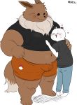  2018 anthro belly black_nose blush brown_fur bulge clothing duo eevee fur hug humanoid_hands male mammal navel nintendo overweight overweight_male pok&eacute;mon pok&eacute;mon_(species) shirt simple_background underwear uokkom video_games white_background 