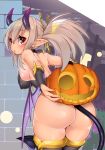  ass bare_back bare_shoulders black_choker blush breasts choker cloud commentary_request cowboy_shot cross demon_girl demon_horns demon_tail demon_wings eyebrows_visible_through_hair fingernails from_behind grey_hair hair_between_eyes hair_ornament hairpin halloween highres hobby_(kento) holding horns jack-o'-lantern large_breasts leotard looking_at_viewer looking_back night night_sky original outdoors parted_lips ponytail sky solo standing succubus tail thighhighs wings wristband 
