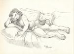 2017 anthro arm_support balls bed feline flaccid leaning_on_elbow lion lying male mammal mane monochrome nude on_side penis pillow reclining scale_(artist) solo tail_tuft tuft 