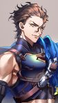  bare_shoulders belt blue_cape breastplate brown_hair cape closed_mouth diarmuid_ua_duibhne_(fate/grand_order) fate/grand_order fate_(series) grey_background hair_slicked_back looking_at_viewer male_focus mole mole_under_eye simple_background smile solo tenobe upper_body yellow_eyes 