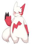  anthro blush featureless_crotch front_view frown looking_at_viewer male nintendo no_iris nude pink_sclera pok&eacute;mon pok&eacute;mon_(species) simple_background slightly_chubby slit_pupils solo standing video_games waving white_background zangoose みぜる 