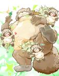  &lt;3 2018 absurd_res anthro belly blush brown_fur canine clothing fundoshi fur group gyobu hi_res humanoid_hands japanese_clothing leaf male mammal moobs navel nipples overweight overweight_male pikaqoo_(artist) simple_background tanuki tokyo_afterschool_summoners tongue tongue_out underwear young 