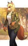  2018 absurd_res anthro autumn black_nose blonde_hair boots breasts brown_eyes brown_fur canine clothed clothing female fluffy fluffy_tail footwear fox fur hair hi_res holding_object inner_ear_fluff jacket mammal outside pants pgm300 shirt solo walking white_fur 