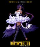  bare_shoulders black_background bow breasts copyright_name dark_skin destiny_child detached_sleeves fingernails full_body garter_straps hair_bow hair_over_one_eye halterneck highres long_hair long_sleeves looking_at_viewer low_wings medium_breasts nail_polish one_eye_covered original parted_lips pointy_ears ponytail purple_hair purple_legwear purple_nails simple_background skirt smile solo standing thighhighs toeless_legwear very_long_hair white_skirt wings yamakawa yellow_eyes 