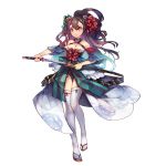  bow breasts brown_eyes brown_hair choker cleavage detached_sleeves floral_print flower full_body hair_bow hair_flower hair_ornament highres holding holding_sword holding_weapon huangquan_dong_(sinchi) katana long_hair looking_at_viewer medium_breasts official_art original red_bow sandals sheath simple_background solo sword very_long_hair weapon white_legwear 