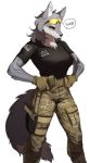  2018 anthro breasts camo canine chest_tuft clothing eyewear female flag fluffy fluffy_tail fur glasses grey_fur gun hair hi_res holster mammal pgm300 ranged_weapon solo tuft united_states_of_america weapon wolf yellow_eyes 