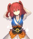  arms_up bangs blue_vest breasts cleavage collarbone commentary_request cowboy_shot eyebrows_visible_through_hair grey_background hair_between_eyes hair_bobbles hair_ornament head_tilt large_breasts long_hair looking_at_viewer obi onozuka_komachi puffy_short_sleeves puffy_sleeves red_eyes red_hair rin_falcon sash short_sleeves simple_background skirt smile solo touhou two_side_up vest white_skirt 