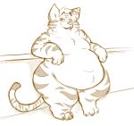  anthro belly big_belly big_butt butt catarsi chest_tuft claws featureless_crotch feline fur half-closed_eyes huge_butt leaning male mammal monochrome moobs navel nude obese_male open_mouth overweight overweight_male raised_eyebrows simple_background smile smirk solo striped_fur stripes thick_thighs tiger toe_claws tuft 