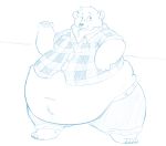  anthro barefoot barnem bear belly belly_overhang belt big_belly blush catarsi claws clothed clothing fur hyper hyper_belly looking_back love_handles male mammal midriff monochrome navel neck_tuft obese obese_male overweight overweight_male pawpads raised_eyebrows simple_background smile solo straining_buttons tartan_topwear thick_thighs toe_claws tuft white_background wide_hips 