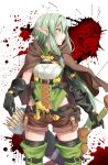  belly_peek belt black_gloves blood boots bow bow_(weapon) breasts brown_footwear cape commentary_request cowboy_shot cross-laced_clothes elbow_gloves elf gloves goblin goblin_slayer! green_eyes green_hair hair_bow high_elf_archer_(goblin_slayer!) highres holding holding_weapon knife long_hair looking_to_the_side pointy_ears quiver short_hair short_shorts shorts sidelocks skyrail small_breasts standing thigh_boots thighhighs weapon 