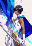  arjuna_(fate/grand_order) armlet blue_cape brown_eyes brown_hair cape commentary_request dark_skin dark_skinned_male fate/grand_order fate_(series) from_side gloves gold_trim grey_background highres holding holding_sword holding_weapon indian_clothes looking_at_viewer looking_to_the_side male_focus profile shirt simple_background sleeveless sleeveless_shirt smile solo standing sword tenobe weapon white_gloves white_shirt 